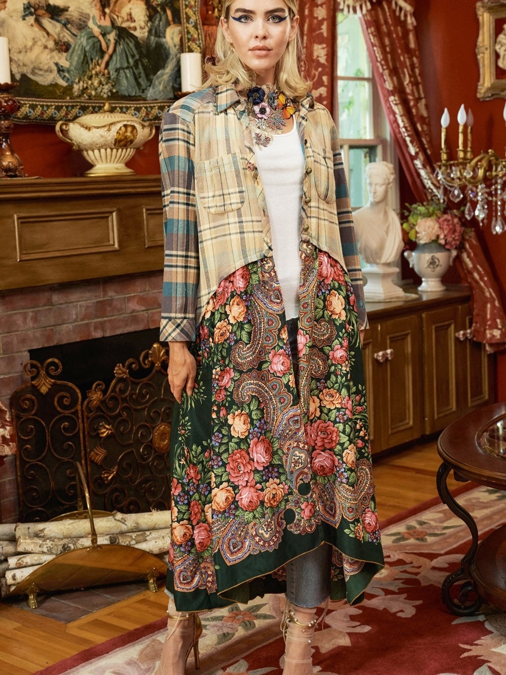 Aratta Lara Maxi Shirt Plaid and Floral Paisley Long Shirt Dress/Duster